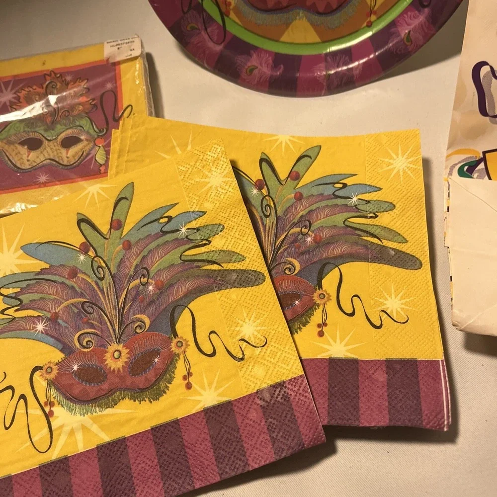Mardi Gras Masquerade Party  Paper Plates And Napkins Lot With A Vintage Bag